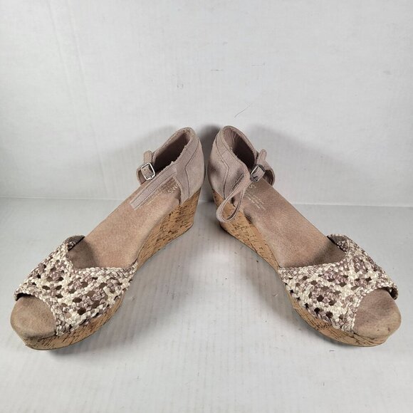Toms Woman Stucco Satin Woven Peep Toe Platform Cork 2.5" Wedge Shoes Size 9.5 - Picture 4 of 7